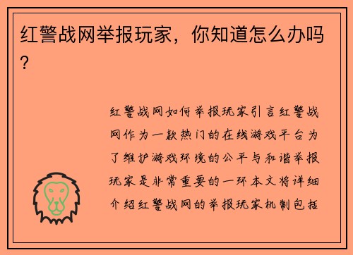 红警战网举报玩家，你知道怎么办吗？